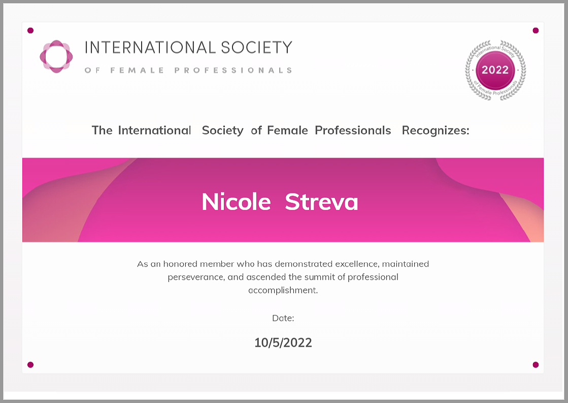 International Society of Female Professionals certificate of recognition.